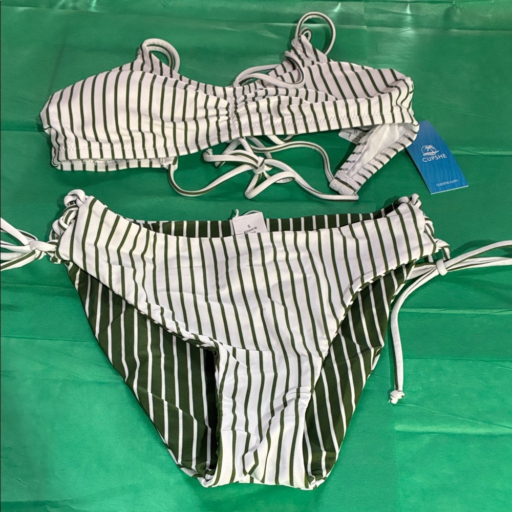 Cupshe Green and White Striped Bikini